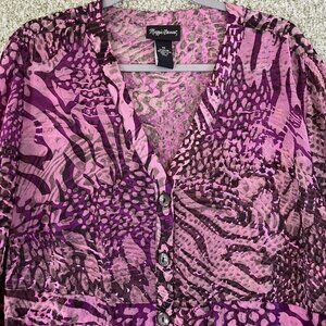 Maggie Barnes Tops Womens 2X Purple Floral Burnout Sheer Long Overshirt Glam